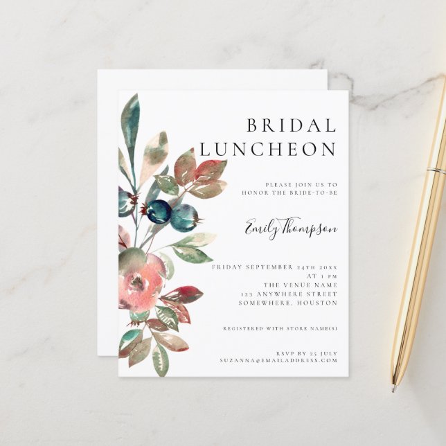 Waterverf Florals Bridal Luncheon Invite (Voorkant / Achterkant in situ)