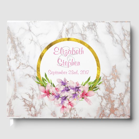 Waterverf Florals, White Marble Texture Wedding Gastenboek (Voorkant)