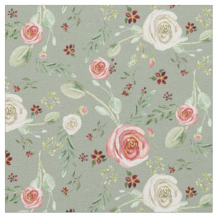 Waterverf Florence Rozen w Eucalyptus Foliage Sage Stof