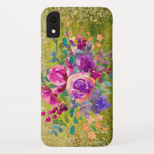 Waterverf Flower Bouquet on Rustic Green iPhone XR Hoesje
