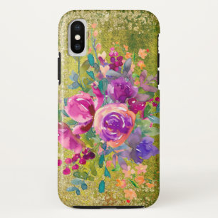 Waterverf Flower Bouquet on Rustic Green iPhone XS Hoesje