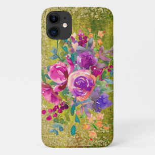 Waterverf Flower Bouquet on Rustic Green iPhone 11 Hoesje