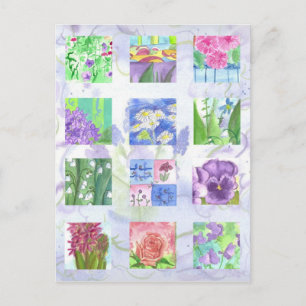 Waterverf Flower Collage Roze Rose Lila Pansies Briefkaart