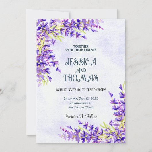 Waterverf Flower Lavender Wedding Invitation Kaart (Voorkant)