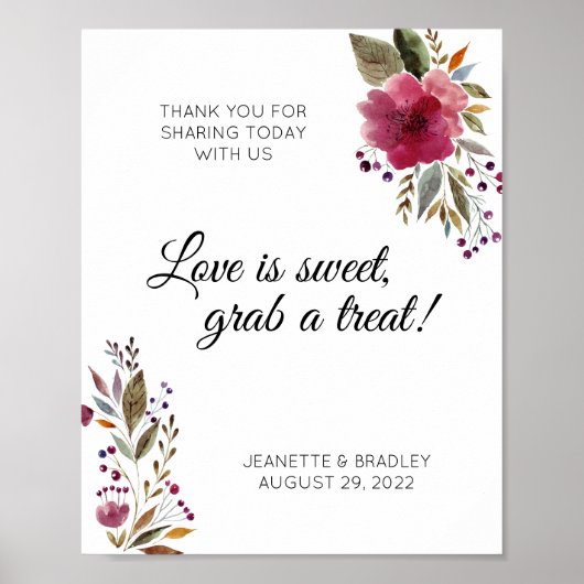 Waterverf Flowers Burgundy Greenery Snoep Buffet Poster (Voorkant)