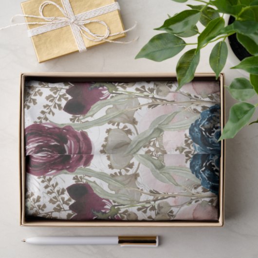 Waterverf Flowers Burgundy Navy Script Decoupage Tissuepapier (Geschenk)