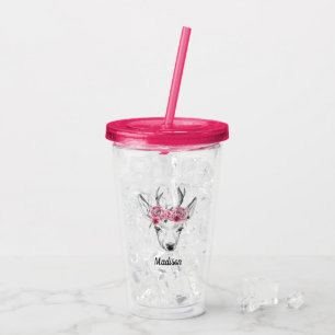 Waterverf Flowers Deer Jouw namen toevoegen Acryl Drinkbeker