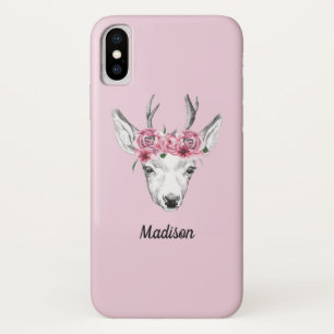 Waterverf Flowers Deer   Jouw namen toevoegen iPhone X Hoesje