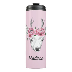 Waterverf Flowers Deer Jouw namen toevoegen Thermosbeker