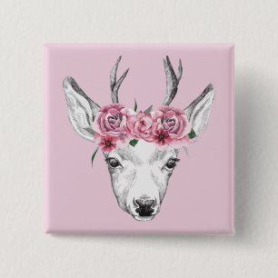 Waterverf Flowers Deer Vierkante Button 5,1 Cm