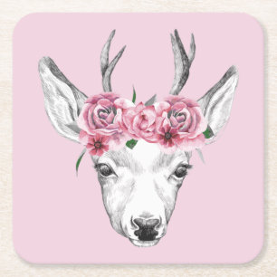Waterverf Flowers Deer Vierkante Kartonnen Onderzetter