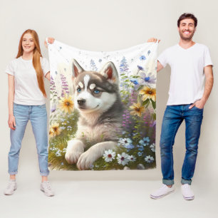 Waterverf Flowers en Siberian Husky Puppy Fleece Deken