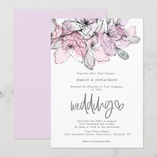 Waterverf Flowers Lila Roze Script Wedding Kaart