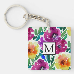 Waterverf Flowers Maroon en Geel Sleutelhanger