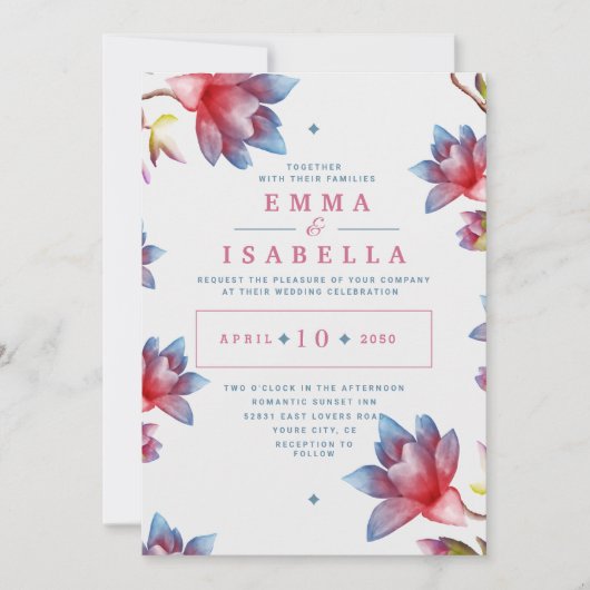 Waterverf Flowers Red and Blue Wedding Invitation Kaart (Voorkant)