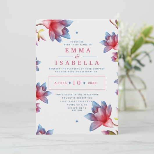 Waterverf Flowers Red and Blue Wedding Invitation Kaart (Staand voorkant)