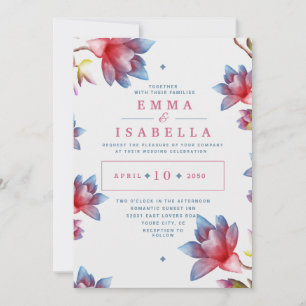Waterverf Flowers Red and Blue Wedding Invitation Kaart