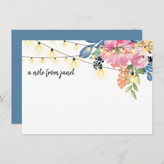 Waterverf Flowers & String Lights Note Card (Voorkant / Achterkant)