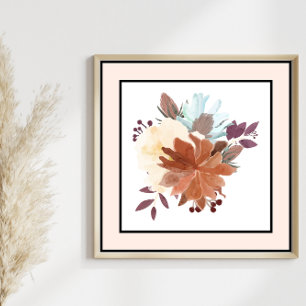  Waterverf Flowers Zwart Lijnen Roze Rand Poster