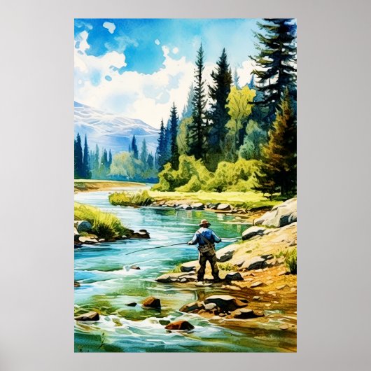 Waterverf Fly Fishing Poster - Geviste kunst (Voorkant)