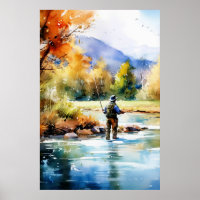 Waterverf Fly Fishing Poster - Geviste kunst