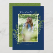 Waterverf Foliage Blue Photo Afstuderen Aankondiging (Voorkant / Achterkant)