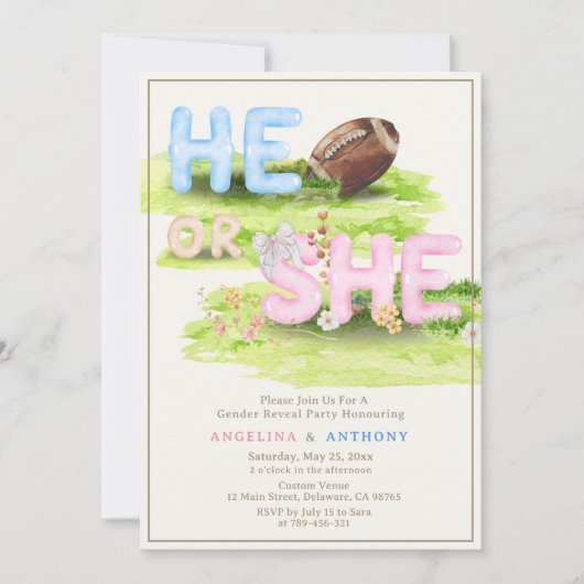 Waterverf Football Bow Hij of zij Gender Reveal Kaart (Voorkant)