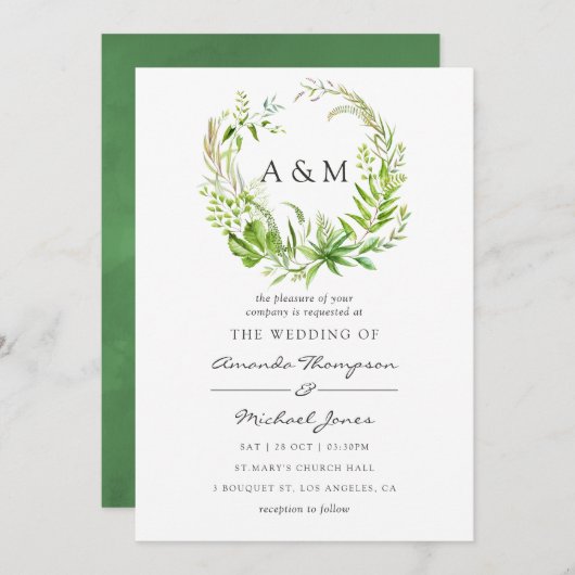 Waterverf Forest Greenery Wedding Invitation Kaart (Voorkant / Achterkant)