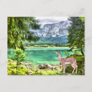Waterverf Forest Lake Deer Landschap Briefkaart