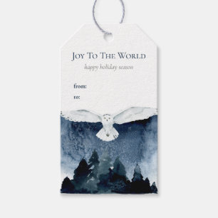 Waterverf Forest Owl Joy Kerstblauw sneeuw Cadeaulabel