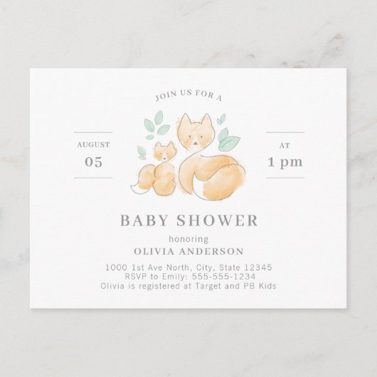 Waterverf Fox Baby shower Briefkaart (Voorkant)