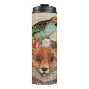 Waterverf Fox Floral Collage Persoonlijke naam Thermosbeker