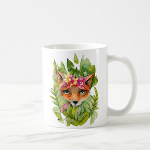 Waterverf Fox Flowers en Groene Bladeren Koffiemok