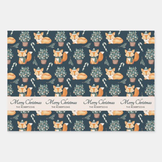 Waterverf Fox Pattern Merry Christmas Monogram Inpakpapier Vel (Voorkant)