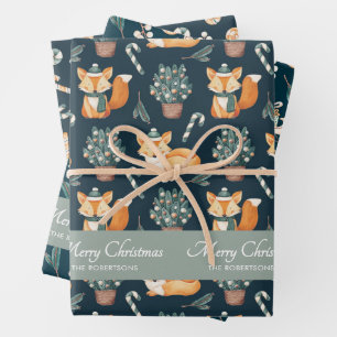 Waterverf Fox Pattern Merry Christmas Monogram Inpakpapier Vel