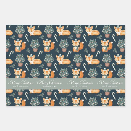 Waterverf Fox Pattern Merry Christmas Monogram Inpakpapier Vel (Voorkant)