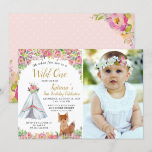 Waterverf Fox Tribal Boho Floral Birthday Foto Kaart