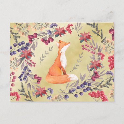 Waterverf Fox Winter Berries Gold Briefkaart (Voorkant)