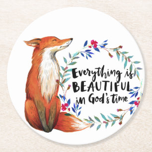 Waterverf Fox Wreath Gods Time Quote Ronde Kartonnen Onderzetter