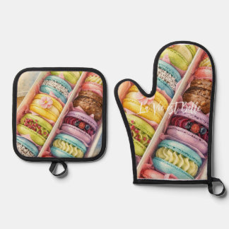 Waterverf Franse Macarons Doos ovenhandschoenen&po Ovenwant & Pannenlap Set