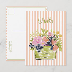 Waterverf Fruit- en Bloemenmand op Strepen Briefkaart