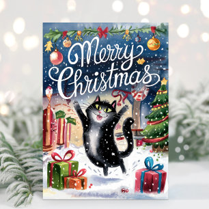 Waterverf Funny Black Cat Merry Christmas Kaart