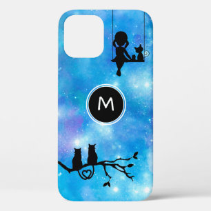 Waterverf Galaxy Cats and Girl Monogram iPhone 12 Hoesje