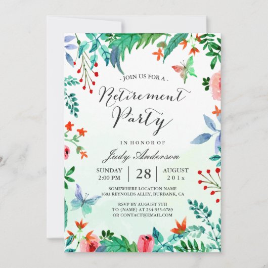 Waterverf Garden Greenery Floral Retirement Party Kaart (Voorkant)