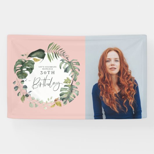 Waterverf gebladerte 30e foto verjaardagsfeest spandoek (Horizontaal)