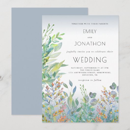 Waterverf gebladerte Zee Glass Dusty Blue Wedding Kaart (Voorkant / Achterkant)