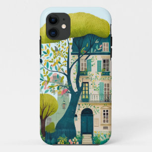 Waterverf Gebouw Brownstone Walkup Tree Balkon iPhone 11 Hoesje