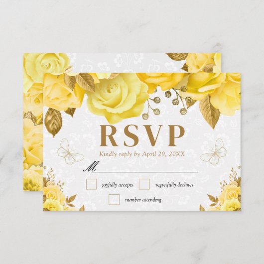 Waterverf Geel en Goud Rozen bruiloft RSVP Kaartje (Voorkant / Achterkant)