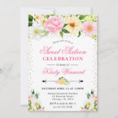 Waterverf Geel en Roze Zomerbloemen Sweet 16 Kaart (Voorkant)