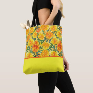 Waterverf Geel en Sinaasappel Marigolds, Kleurenbl Draagtas